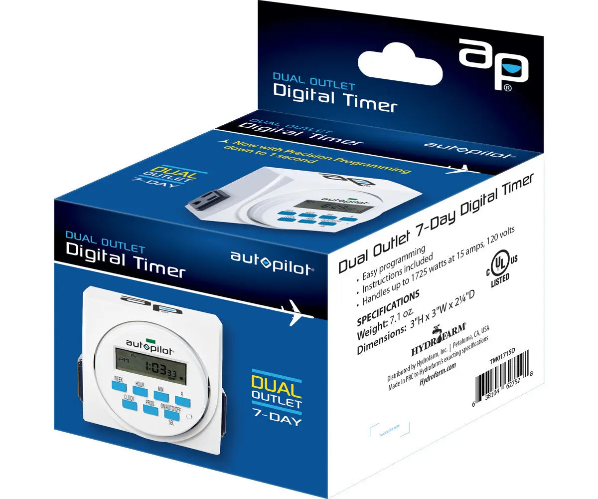 Autopilot Dual Outlet 7-Day Grounded Digital Programmable Timer, 1725W, 15A, 1 Second On/Off